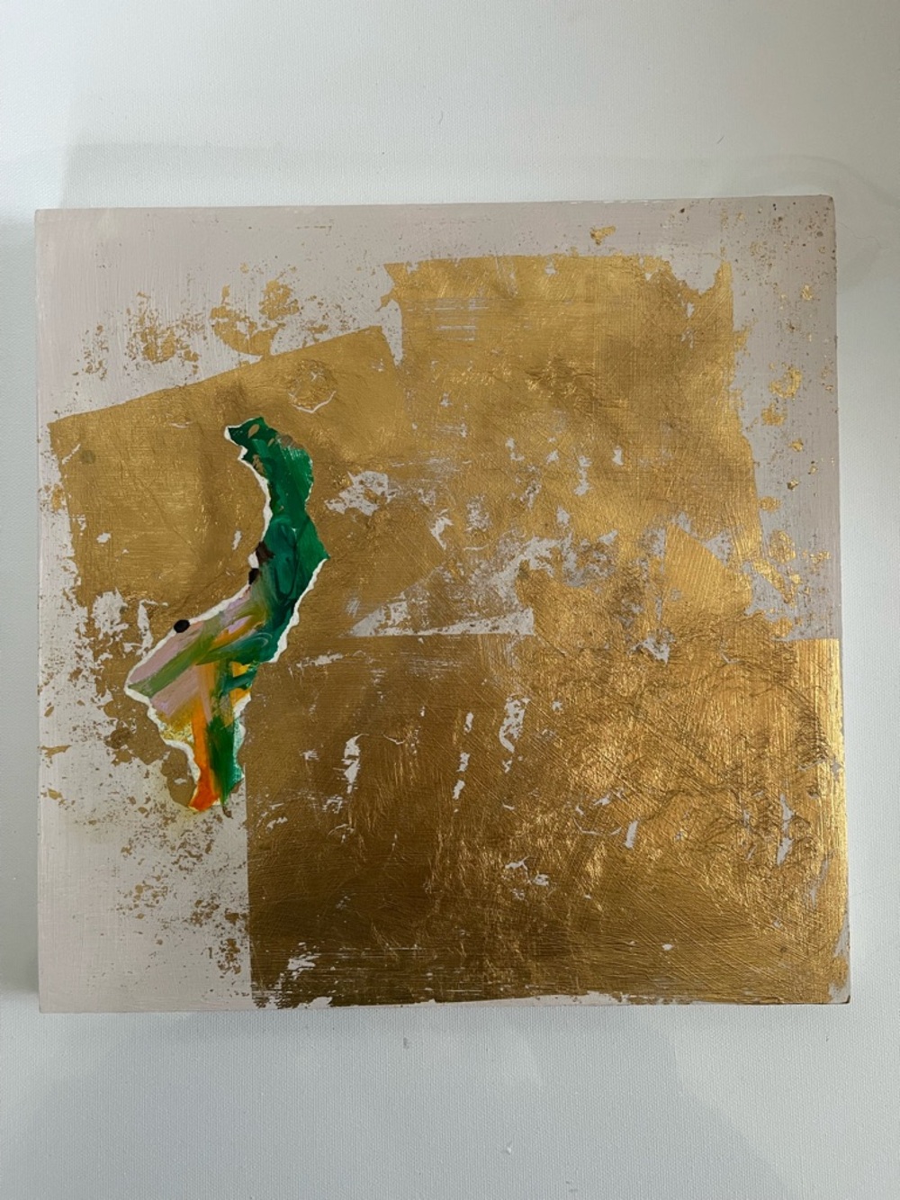 Original Art Abstract Golden Leaf and Green Accent Wall Art Decor Accessories